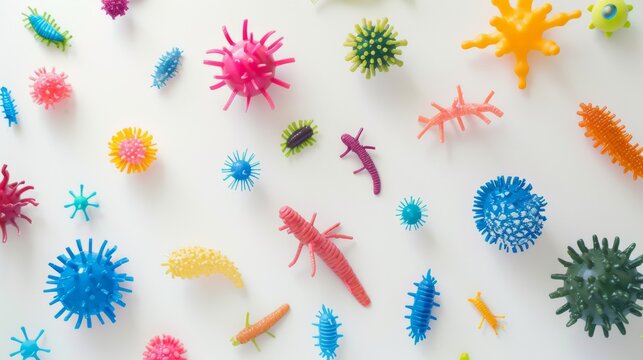 A collection of brightly colored, diverse toy microorganisms spread out on a plain white surface, evoking a playful take on science.