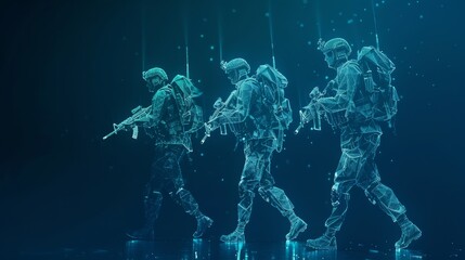 Fototapeta premium Holographic soldiers, outlined in blue light, advance in cold, snowy conditions with determination and precision.
