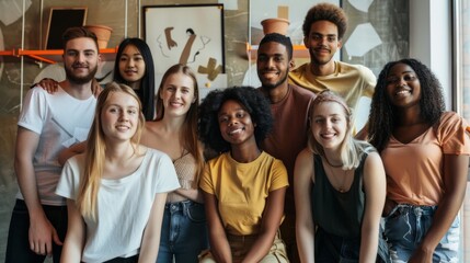 Fototapeta premium A diverse group of friends poses happily together indoors, radiating warmth and unity in a casual setting.