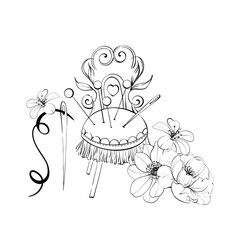 Retro pincushion, sewing tool. Craft hobby decoration for clothing, needle, sewing tool with flower, rose. Vintage fashion illustration for design. Graphic vector line, hand drawn, black silhouette