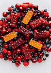 Colorful natural berry marmalade on fresh mixed fruits and berries, healthy sweet indulgence
