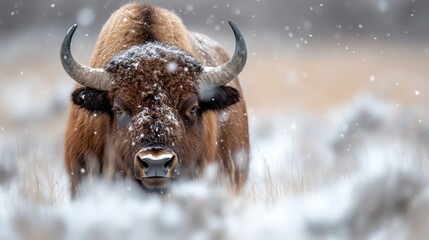 A lone bison is captured staring intensely at the camera while standing in a snow-covered field. Snowflakes gently fall around it, adding to the wintry atmosphere.