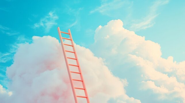 Ladder reaching into fluffy clouds against blue sky, dream and aspiration concept