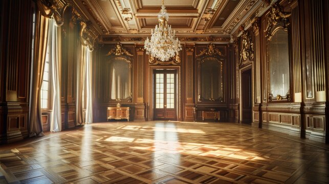 A grand, opulent ballroom with intricate woodwork, elegant chandeliers, and large, sunlit windows streaming light across the parquet floors.