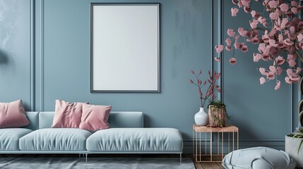 Modern living room interior design with blue walls, sofa and pink throw pillows, mockup frame and decorative plants