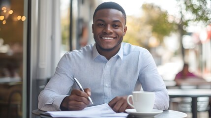 Obraz premium Smiling Man Signing Paperwork at Outdoor Cafe