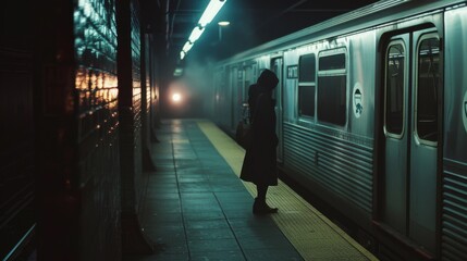 A solitary figure stands on a dimly lit underground train platform, as a train approaches through the mist, creating an enigmatic and moody scene.
