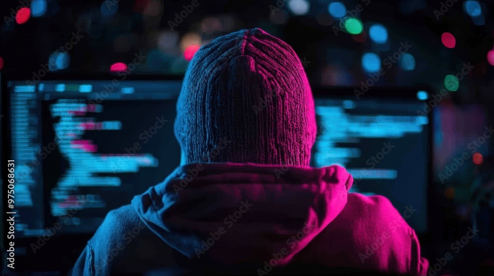 Fototapete Image of a hacker wearing a hoodie working on multiple computer screens with code, set against a backdrop of colorful blurred lights. Cybersecurity is the central theme.