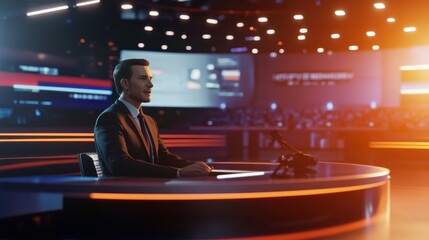 Confident businessman leading a meeting in a modern conference room with ambient lighting and video conferencing in the background
