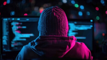 Image of a hacker wearing a hoodie working on multiple computer screens with code, set against a backdrop of colorful blurred lights. Cybersecurity is the central theme.