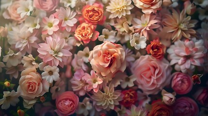 Floral Background, Soft Pastel Pink and Peach Roses and Flowers