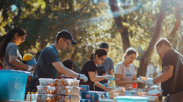 A group of people in a park preparing food for distribution, showcasing community engagement and service in a sunny outdoor setting.