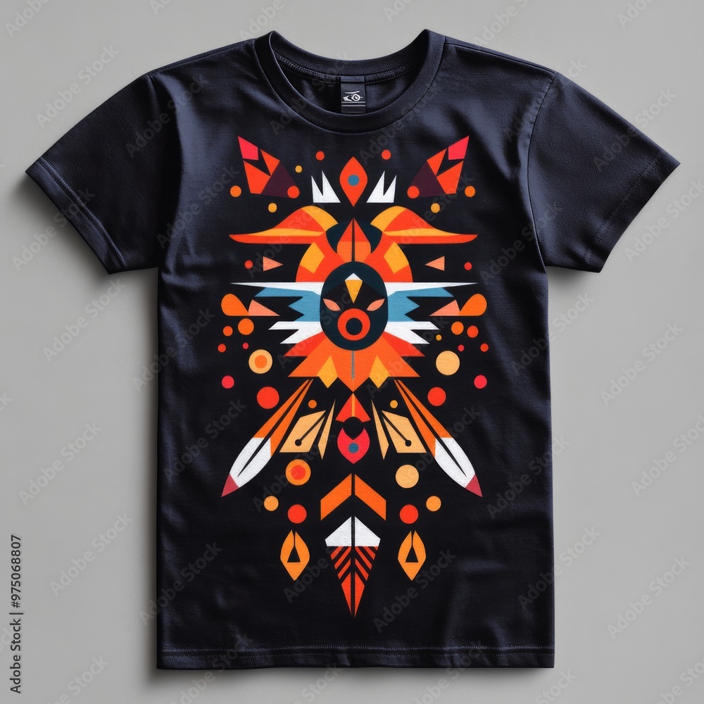 Wall mural T-shirt with colorful geometric design and patterns.