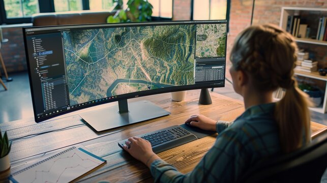 A person intensely focused on analyzing complex mapping data on a dual-monitor setup in a modern, well-lit office environment.
