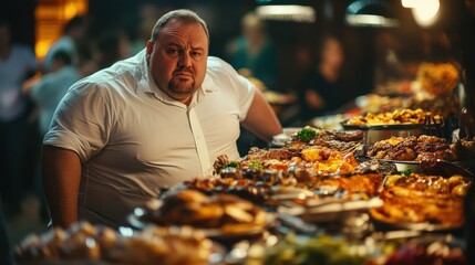 Man looking overwhelmed at a large feast in a cozy restaurant setting with ambient lighting and various dishes spread across the table