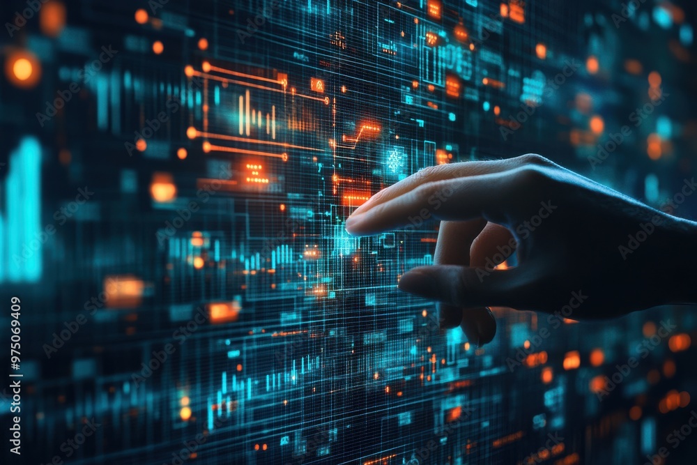 Poster hand reaching towards a futuristic holographic data screen with graphs and global maps depicting adv