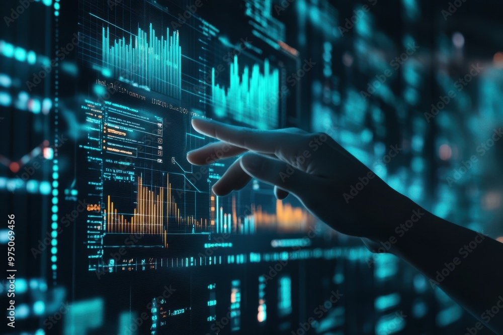Poster hand reaching towards a futuristic holographic interface with world map and data analytics visualiza