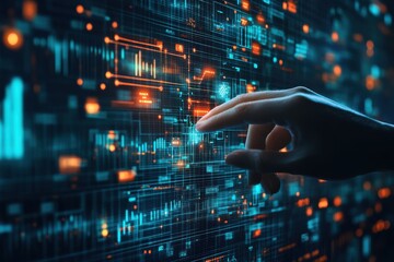 Hand reaching towards a futuristic holographic data screen with graphs and global maps depicting advanced technology and digital analysis