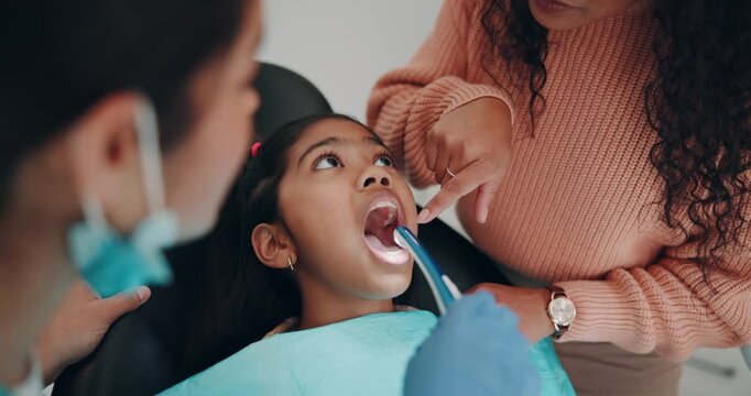 Mouth, kid and dentist with tools for teeth cleaning, oral hygiene or orthodontics. tooth, dental treatment and girl in pediatric clinic with hands of mother with intraoral camera or light for health