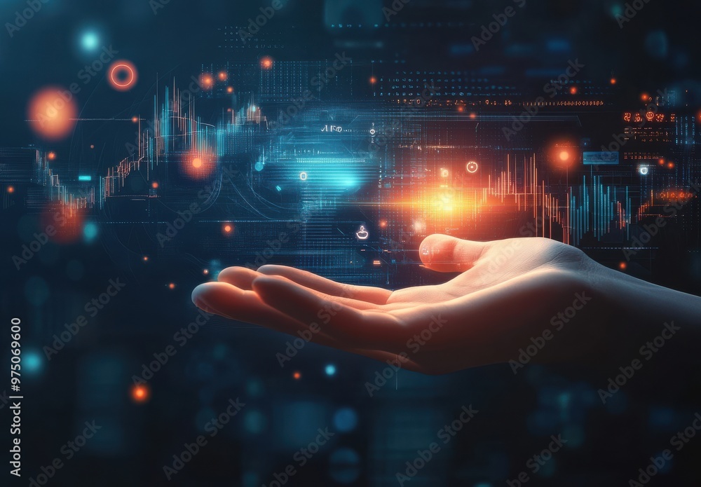 Poster futuristic hologram of digital data with a hand showcasing innovative technology and global networks