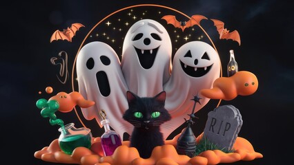 Three friendly ghosts and a black cat celebrate Halloween with potions and a RIP tombstone.