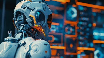 Fototapeta premium A futuristic robot with illuminated blue and orange accents stands in front of a complex, data-filled interface pulsating with information.