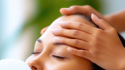 Fototapeta premium Serene Scalp Massage for Migraine Relief with Soft Lighting and Copy Space
