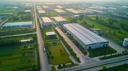 Aerial view of a sprawling industrial complex with large warehouses and green spaces, showcasing a modern and organized infrastructure, bathed in soft daylight.