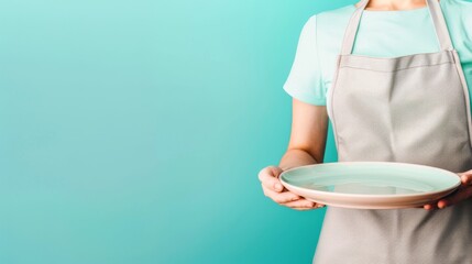 Individual in a turquoise apron holding a round white plate against a light turquoise background.
