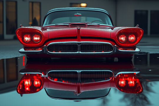 Red Classic Car Front View with Reflection in Rain: Bold front-facing shot of a red vintage car with its reflection on wet pavement, perfect for automotive enthusiasts and retro-themed projects.