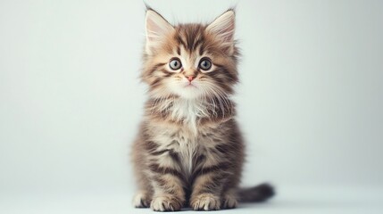 Fototapeta premium A kitten, half-brown and half-white, sits atop a white floor alongside a white wall, gazing directly into the camera's lens