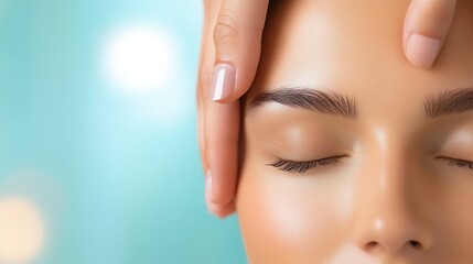 Naklejka premium Serene Therapist Administering Soothing Scalp Massage for Migraine Relief in Washed-Out Photography Style with Copy Space