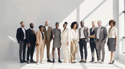 Obraz premium A diverse group of business professionals standing together in a bright, modern space, exuding confidence and unity in their formal attire.