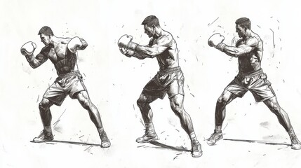 Fototapeta premium Illustrated sequence of a boxer demonstrating a punch technique in three stages, showcasing strength and athleticism with hand-drawn details