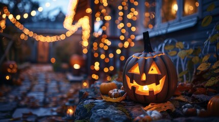 Obraz premium This scene captures a charming Halloween atmosphere, beautifully featuring a carved pumpkin along with twinkling lights