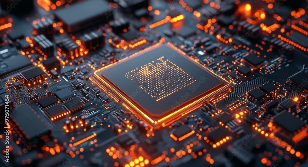 Aufkleber a close-up view of a glowing microchip on a complex circuit board at night
