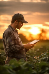 Tecnologia na campo. Produtor rural usando tablet na lavoura
