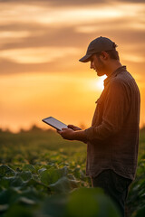 Tecnologia na campo. Produtor rural usando tablet na lavoura