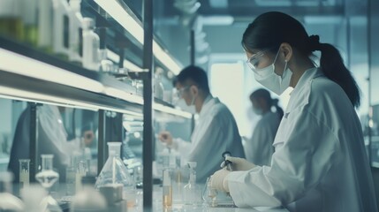 Obraz premium Scientists at a lab bench, dressed in white lab coats and face masks, engage in precise and focused experiments, emphasizing research and innovation.
