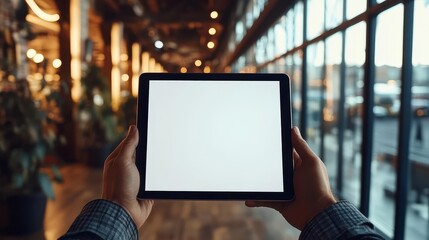 A business professional at a corporate event abroad, working on personal website design with a tablet The screen is blank for text placement, reflecting flexible work hours
