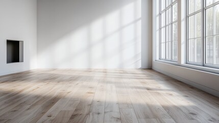 A simple yet elegant empty room with large windows, allowing natural light to pour in, highlighting the hardwood floor and pristine white walls for a clean look.