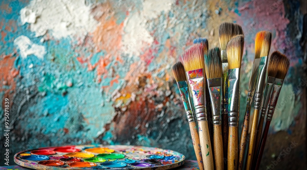 Poster a collection of paintbrushes resting on a palette in front of a colorful abstract canvas
