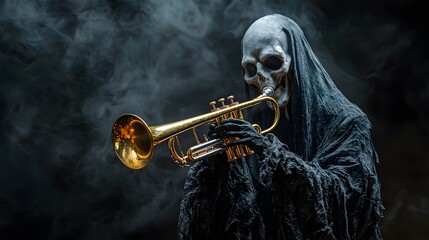 Eerie Ghostly Serenade: Spooky Spirit Grinning and Playing Trumpet in the Shadows
