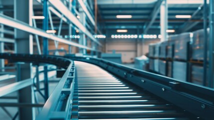 Fototapeta premium A close-up perspective of a conveyor belt system in a warehouse, highlighting the mechanics and flow of goods in an industrial setting.