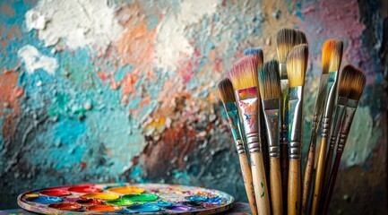 Fototapeta premium A collection of paintbrushes resting on a palette in front of a colorful abstract canvas