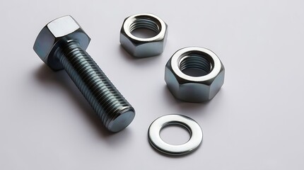 Close-up of three metallic hardware components: a bolt, a nut, and a washer, arranged on a white background. Ideal for engineering projects or hardware product displays.