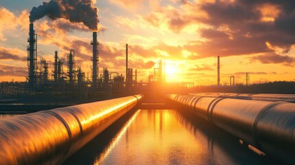 Pipeline and Pipe Rack at Petroleum Plant with Sunset. AI generated illustration