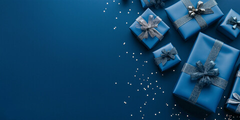 Luxurious blue Christmas gifts with glittering silver ribbons and confetti on a modern festive background
