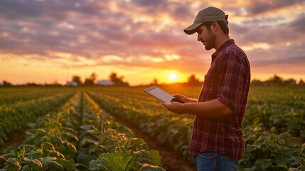 Tecnologia na campo. Produtor rural usando tablet na lavoura