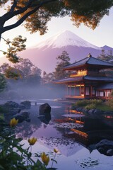 Obraz premium Serene Japanese temple pathway illuminated at night with majestic Mount Fuji towering in the background, capturing the essence of traditional Japanese architecture and natural beauty